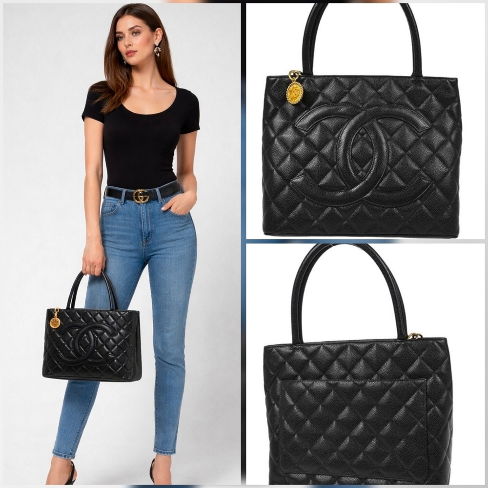 Authentic Chanel Black Caviar Medallion Tote Handbag